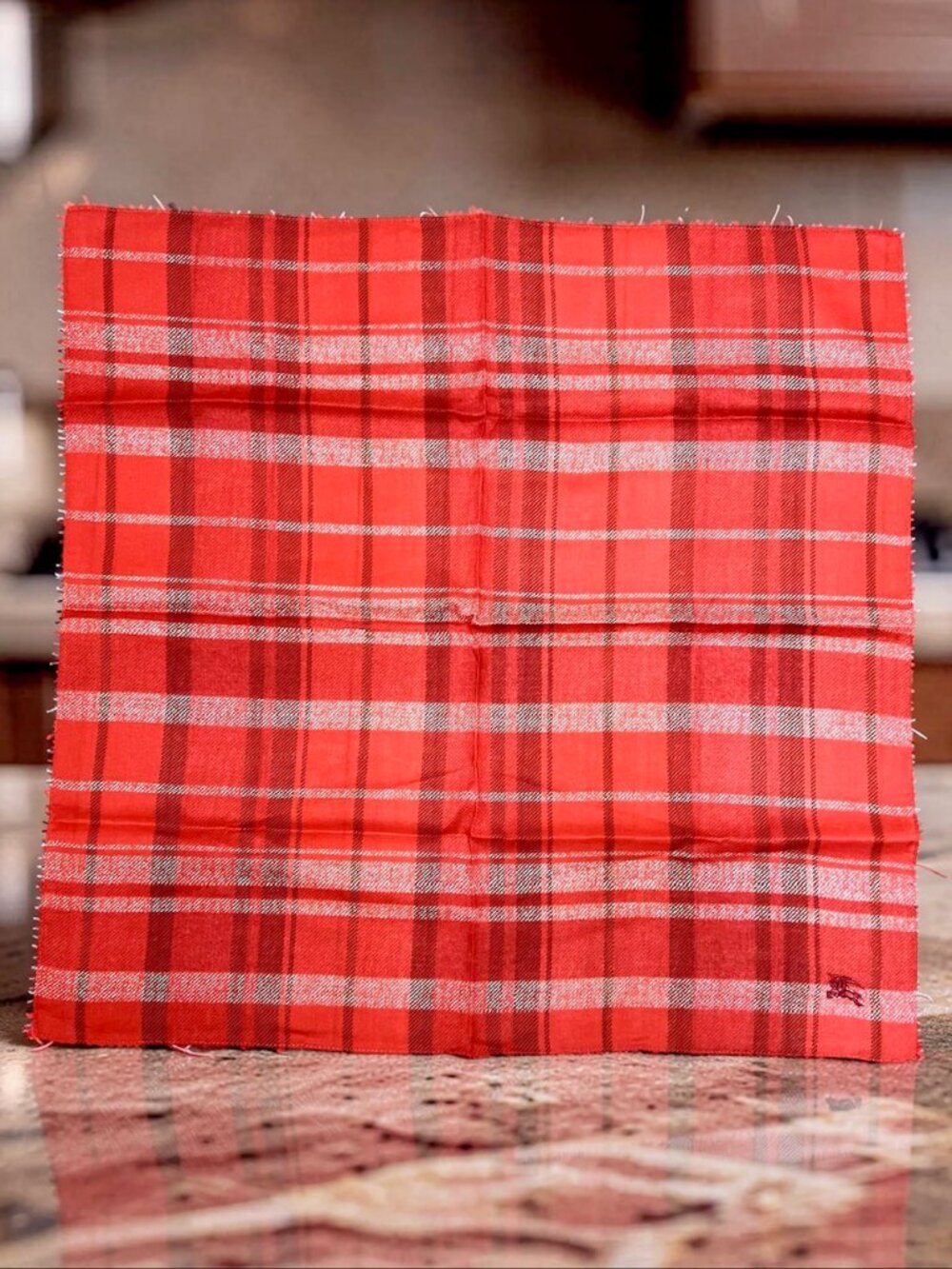 New Never worn Burberry Neck-kerchief 19.5" red black gray check embroidered(95 - Picture 11 of 12